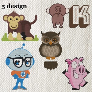 Animal and Cartoon Embroidery Design Bundle – 5 Fun Designs | Monkey, Owl, Robot, Pig  More | Instant Digital Download