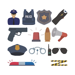 Peut inclure: Ensemble d'illustrations brodées sur le thème de la police sur fond blanc. L'ensemble comprend un policier, un gilet pare-balles avec le texte "POLICE", un badge, un taser, une arme à feu, une sirène, une balle, un mégaphone, un chapeau, des menottes, un talkie-walkie, des lunettes de soleil et du ruban de signalisation.