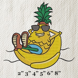 Cool Pineapple Floating on Banana Embroidery Design – Tropical Summer Fruit Machine Embroidery – Funny Beach Stitch Pattern