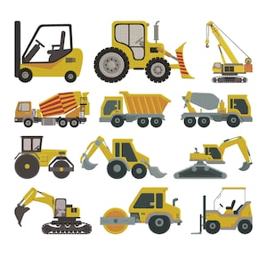 May include: A set of yellow construction vehicles, such as a forklift, bulldozer, crane, cement mixer, dump truck, and road roller. Each vehicle is illustrated in a cartoon style with black and grey accents, against a white backdrop.