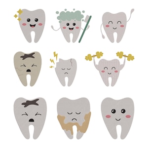 Peut inclure: Une collection de neuf illustrations de dents de dessins animés. Les dents ont diverses expressions et conditions, notamment saines, étincelantes, brossées et soulevant des poids. D'autres dents montrent de la carie, des fissures et une décoloration. Les illustrations sont dans un style mignon et de dessin animé.