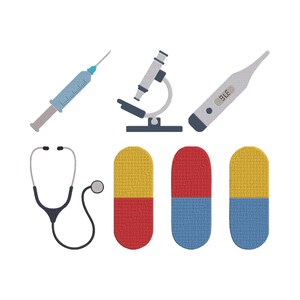 May include: A collection of medical-themed illustrations. Includes a syringe, microscope, thermometer, stethoscope, and three capsules. The capsules are split into red/blue and yellow/red/blue color combinations. All items are depicted in a flat, cartoon style.