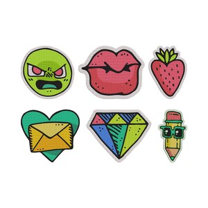 Lindo archivo de bordado de parche de dibujos animados: diseños de corazón, labio, fresa y diamante. Archivo de bordado a máquina en cinco tamaños.
