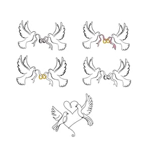 Op de afbeelding: Een verzameling zwart-wit illustraties met duiven, trouwringen en linten. De duiven worden in verschillende poses afgebeeld, met ringen en linten in hun snavels. Geschikt voor bruiloft- of liefdesthema's.