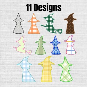 May include: A collection of 11 designs featuring various witch hat and witch silhouette shapes in diverse patterns and colors, including plaid, polka dot, and solid styles, arranged in three rows against a light gray textured background.