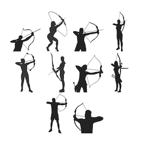 Pode incluir: Uma coleção de ilustrações em silhueta preta de pessoas em várias poses de tiro com arco. As figuras são mostradas puxando arcos, com flechas encaixadas e prontas para atirar. As imagens estão em um fundo branco.