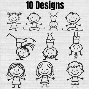 May include: A collection of 10 black line art stick figure designs featuring children in various poses, including standing, sitting, doing handstands, and performing gymnastics, all set against a light gray textured background.