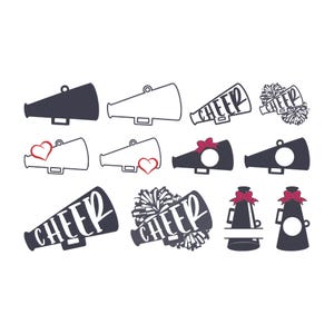 May include: A collection of cheerleading-themed designs, including megaphone silhouettes, pom-poms, and the word "CHEER" in various fonts. Some designs feature hearts and bows. The color palette is primarily black and white with red accents.