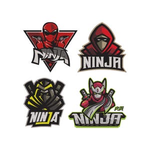 May include: Four embroidered ninja patches. Each patch depicts a ninja character in different stances, with the word "NINJA" clearly visible. The colour scheme includes red, black, yellow, and green, with detailed stitching.