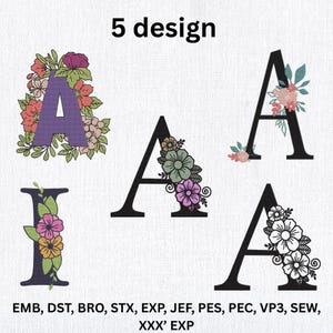 Floral Alphabet Embroidery Design Bundle | 5 Letter Designs A & I| Machine Embroidery| Digital Download