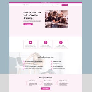 Può includere: Sito web di Pink Hair Salon con uno schema di colori rosa e bianco. Il sito web presenta una foto di uno stilista che lavora sui capelli di un cliente. Il sito web include anche un elenco dei servizi offerti dal salone, come tagli di capelli, colorazione e styling.