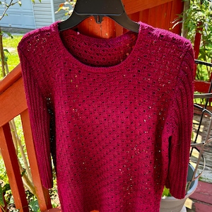 Hand Knitted Beetroot Pullover: Organic Cotton Lace Checkered Stitch
