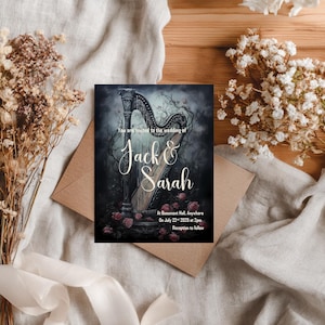 May include: Wedding invitation with a harp illustration and the names "Jack & Sarah". The invitation states the ceremony will be at Beaumont Hall on July 22, 2025, at 2 PM, with a reception to follow. The design includes dark green and pink floral elements.