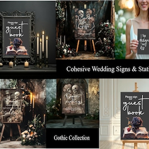May include: A collection of gothic-themed wedding signs and stationery. The signs feature skeleton illustrations, floral arrangements, and the text "guest book." One sign displays "Your design here." The signs are displayed on easels and in ornate frames.