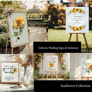 May include: A collection of wedding signs featuring watercolor sunflower illustrations and black script text. The signs include labels for a guest book, favors, cards and gifts, and a thank you message, all displayed on wooden easels or stands.