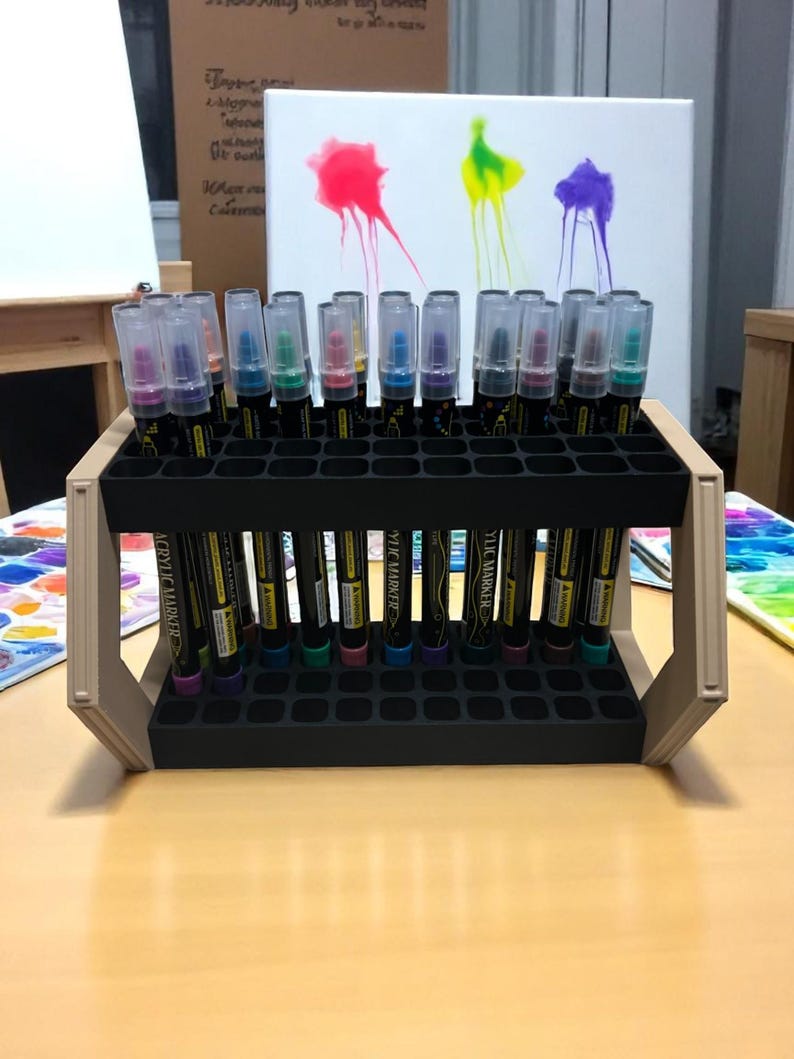 "Creative tool display stand with two rows of paint pens"