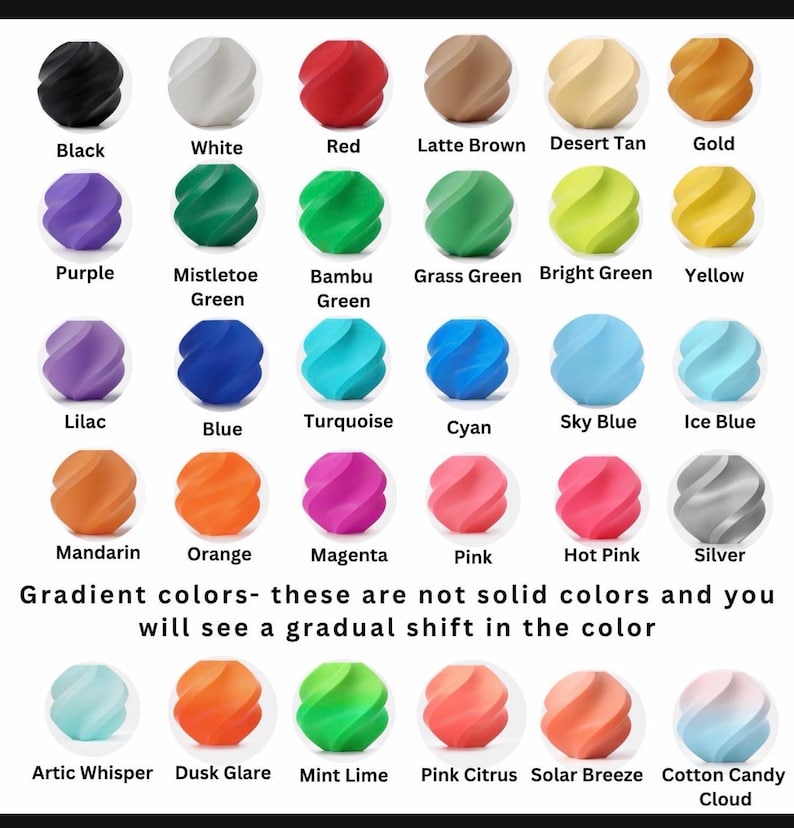 May include: A color chart featuring a variety of solid and gradient colors. The chart includes colors like black, white, red, and gold, as well as gradient colors such as Cotton Candy Cloud and Solar Breeze.