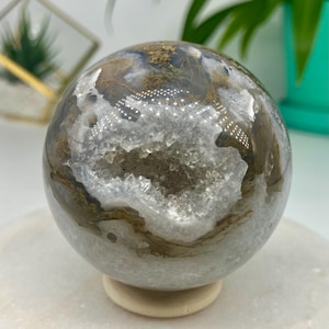 Druzy Moss Agate Sphere – 55mm Sparkling Crystal Ball | Stabilizing & Grounding Stone | Heart Chakra Energy | 227g with Stand
