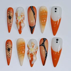 Wedding nails ,Orange Nails hand painted nail,custom press on nails,3D Nails,Almond Nails,Acrylic Nails  ,Girl gift,Dreamy nails,Girl gift