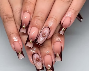 Wedding nails,Floral Nails hand painted nail,custom press on nails,Square Nails,3D Nails,French Nails,Acrylic Nails ,gift