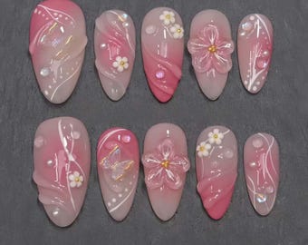Ongles de mariage, ongles peints à la main à fleurs, presse personnalisée sur les ongles, ongles 3D, ongles en amande, ongles acryliques