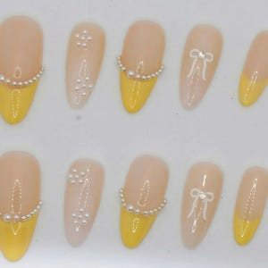Wedding nails ,Yellow Nails hand painted nail,custom press on nails,3D Nails,Almond Nails,Acrylic Nails  ,Girl gift,Dreamy nails,Girl gift