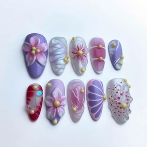 Wedding nails ,Flower Nails hand painted nail,custom press on nails,3D Nails,Campanula Nails,Acrylic Nails  ,Purple nails,Floral Nails