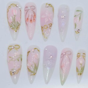 Wedding nails ,Flower Nails hand painted nail,custom press on nails,3D Nails,TulipNails,Acrylic Nails  ,Stiletto nails,Nails,Girl gift.gift