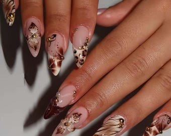 Ongles de mariage, ongles peints à la main à fleurs, presse personnalisée sur les ongles, ongles 3D, ongles en amande, ongles acryliques