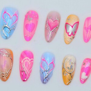 Wedding nails ,Pink Nails hand painted nail,custom press on nails,3D Nails,Ink Painting Almond Nails,Acrylic Nails  ,Girl gift,Dreamy nails