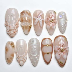 Wedding nails ,Seashell Nails hand painted nail,custom press on nails,3D Nails,Campanula Nails,Acrylic Nails  ,Ocean nails,Girl Nails