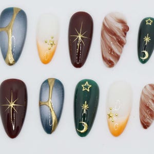 Wedding nails ,Brown Nails hand painted nail,custom press on nails,3D Nails,Almond Nails,Acrylic Nails  ,Girl gift,Dreamy nails