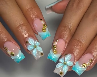 Wedding nails,Floral Nails hand painted nail,custom press on nails,Square Nails,3D Nails,French Nails,Acrylic Nails ,gift