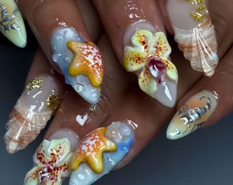 Wedding nails ,Seashell Nails hand painted nail,custom press on nails,3D Nails,Almond Nails,Acrylic Nails,floral nails,gift