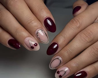 Ongles de mariage, ongles peints à la main Cherry Nails, presse personnalisée sur les ongles, ongles 3D, ongles en amande, ongles acryliques