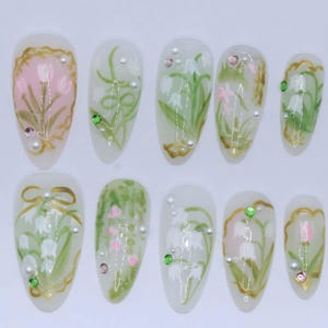 Wedding nails ,Flower Nails hand painted nail,custom press on nails,3D Nails,Pink Almond Nails,Acrylic Nails  ,Bluebell nails,Floral Nails