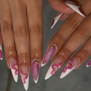 Hochzeitsnägel, Blumennägel handbemalter Nagel, benutzerdefinierte Presse auf Nägel, 3D-Nägel, lange Stiletto-Nägel, Acrylnägel, Blumennägel, Nägel, Geschenk