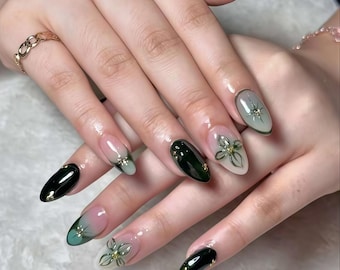 Wedding Nails ,Green Flower Custom Press on Nails ,hand painted nail,3D Nails,Almond Nails,Christmas Nails,Cute Nails,Girl gift