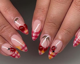 Ongles de mariage, ongles peints à la main Cherry Nails, presse personnalisée sur les ongles, ongles 3D, ongles en amande, ongles acryliques