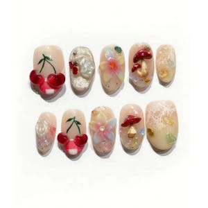 Wedding nails ,Flower Nails hand painted nail,custom press on nails,3D Nails,3D mushroomNails,Acrylic Nails  ,Girl nails,Floral Nails,gift