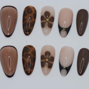 Wedding nails ,Brown Nails hand painted nail,custom press on nails,3D Nails,Almond Nails,Acrylic Nails  ,Girl gift,Dreamy nails