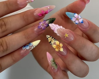 Wedding nails ,Colorful Floral Relief Nails,French nails,hand painted nail,custom press on nails,3D Nails,Square nails,Acrylic Nails