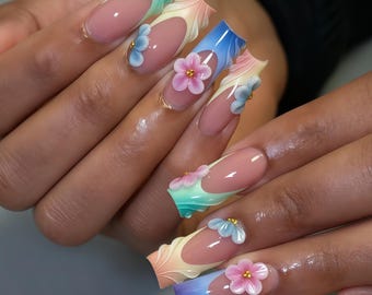 Hochzeit handgemalter Nagel, kundenspezifische mehrfarbige Ombre-Presse auf den Nägeln, 3D-Rosa-Blau-Blumen, lebendige Blumennagelkunst, wiederverwendbare künstliche Nägel