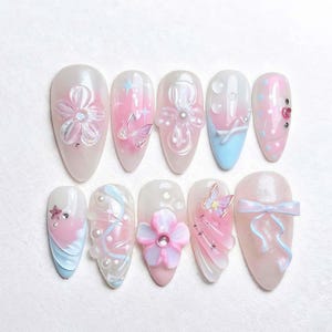 Wedding nails ,Cute Nails hand painted nail,custom press on nails,3D Nails,Campanula Nails,Acrylic Nails  ,French nails,Floral Nails