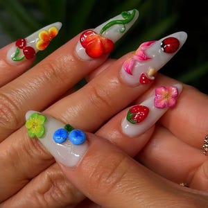 Wedding nails , Flower Nails hand painted nail,custom press on nails,3D Nails,Campanula Nails,Acrylic Nails  ,floral nails,Fruit Nails,gift