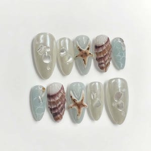 Wedding nails ,Seashell Nails hand painted nail,custom press on nails,3D Nails,Campanula Nails,Acrylic Nails  ,Ocean nails,Girl Nails