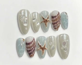 Wedding nails ,Seashell Nails hand painted nail,custom press on nails,3D Nails,Campanula Nails,Acrylic Nails  ,Ocean nails,Girl Nails