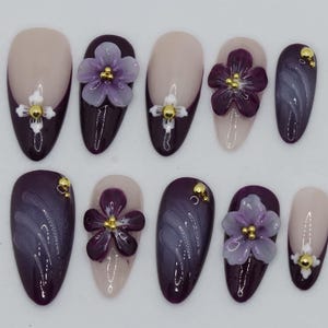 Wedding nails ,Purple Nails hand painted nail,custom press on nails,3D Nails,Almond Nails,Acrylic Nails  ,Girl gift,Dreamy nails,Girl gift