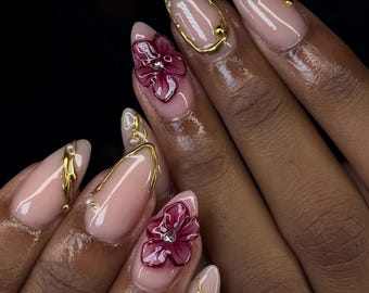 Ongles de mariage, ongles peints à la main à fleurs, presse personnalisée sur les ongles, ongles 3D, ongles en amande, ongles acryliques