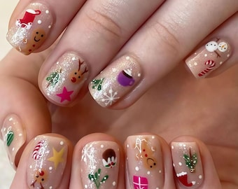 Christmas hand painted nail,French nails,custom press on nails,3D Nails,Square nails,Acrylic Nails